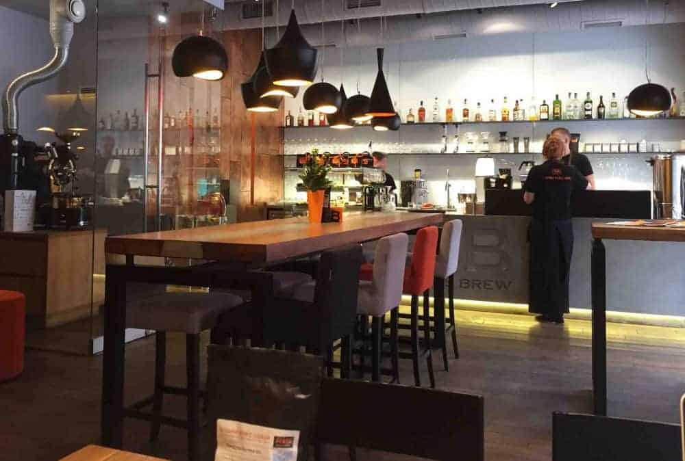 The quiet modern interior of Roast and Brew in Kyiv