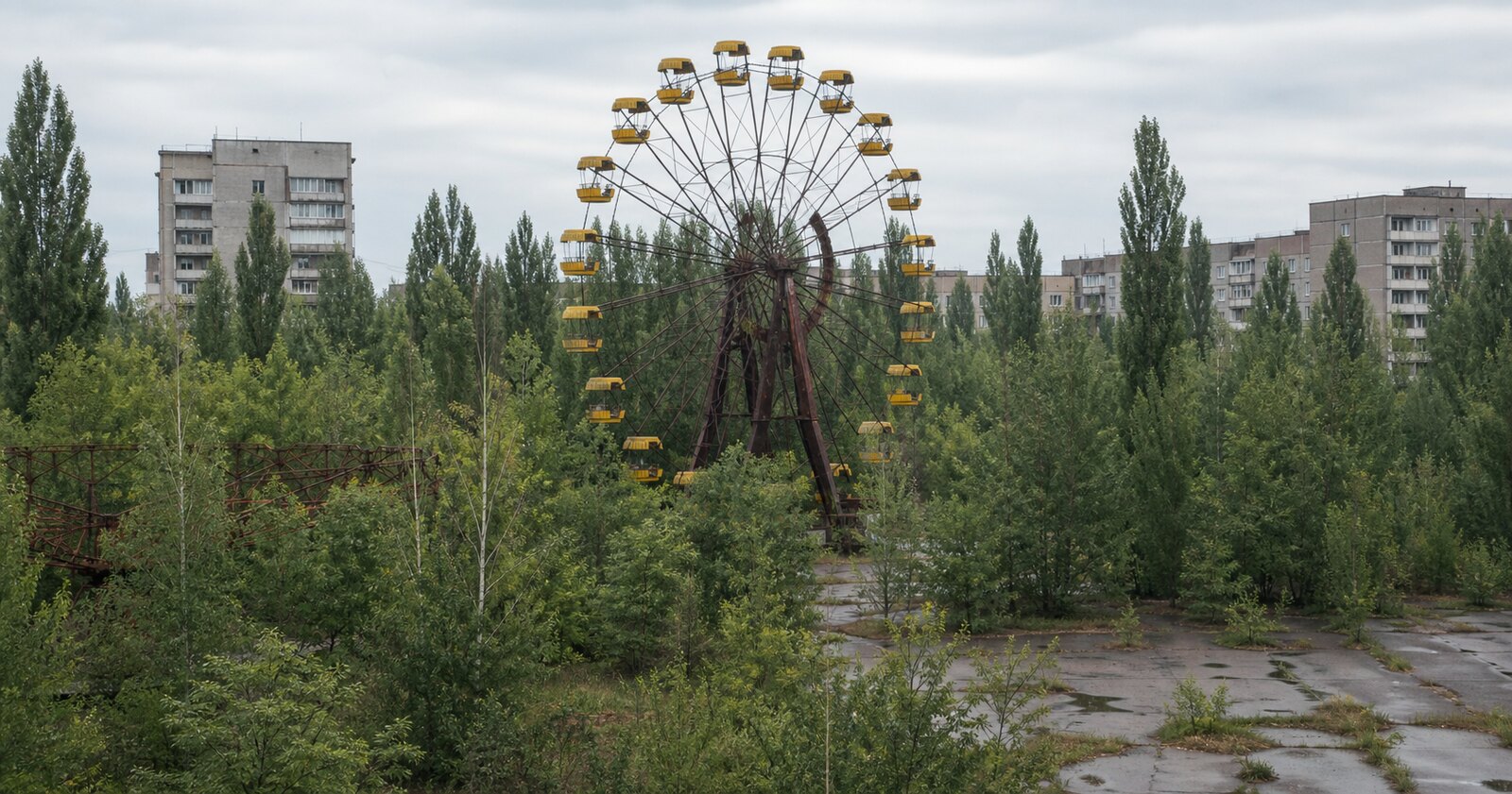 The abandoned Ferris wheel rising above overgrown Pripyat