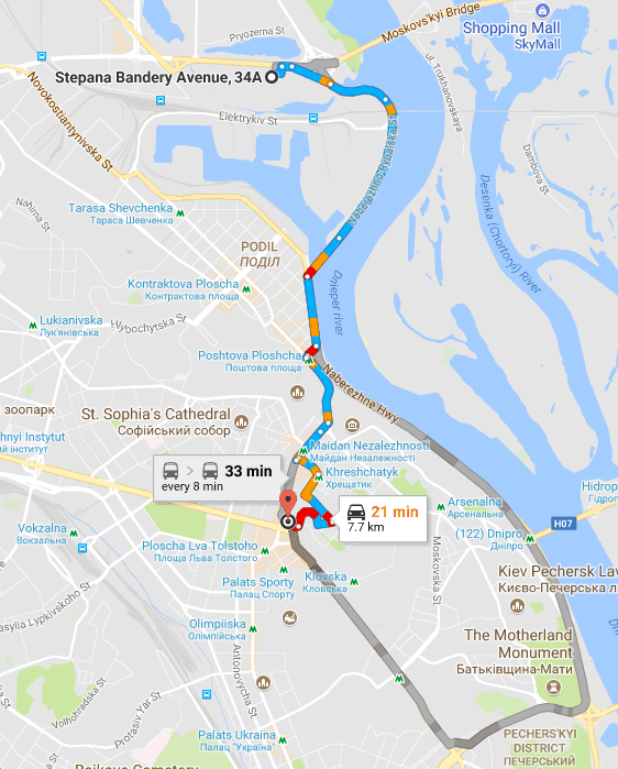 2017 route map between central Kyiv and Stepana Bandery Avenue