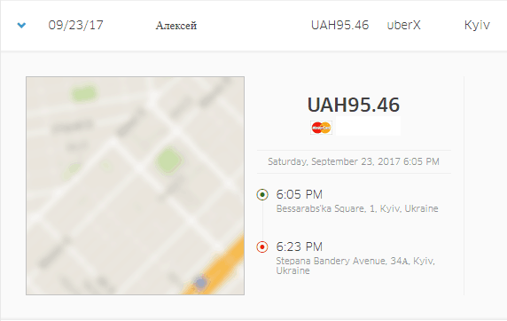 Uber trip record for a Kyiv ride on September 23, 2017